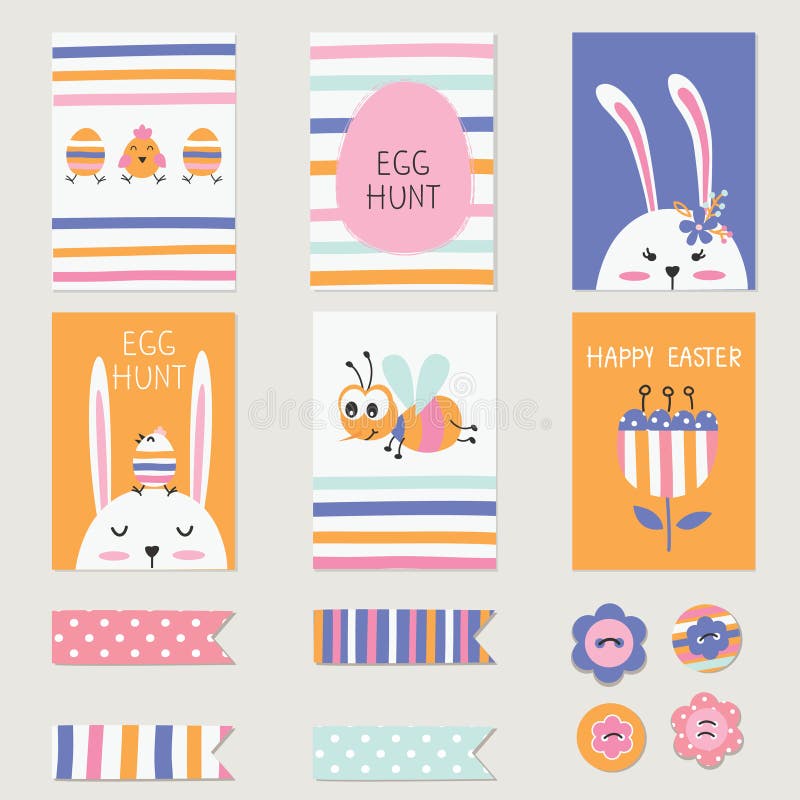 Easter greetings cards set with cute rabbits, eggs, flowers