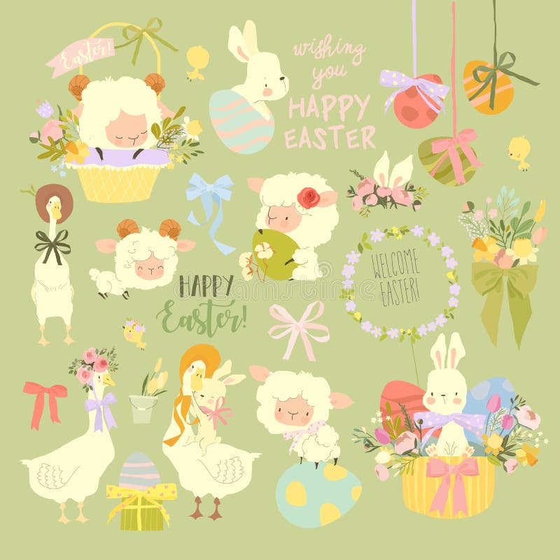 Easter Set with Cute White Bunnies, Gooses, Sheeps and Easter Eggs Stock Vector Illustration