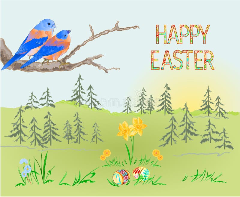 Easter spring landscape forest and birds bluebirds and easter eggs in the grass with narcissus vintage vector illustration editabl