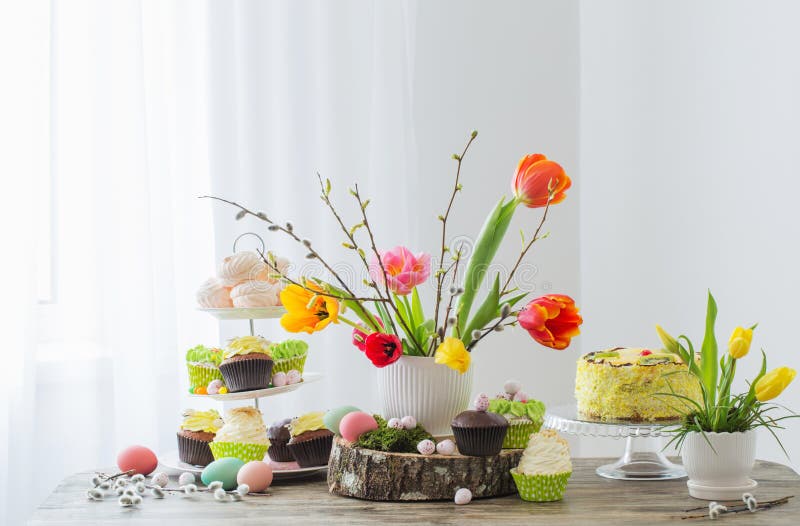 Easter table with tulips and decorations