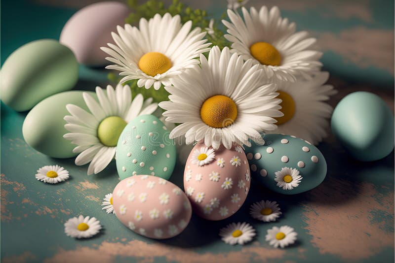 Easter Theme in Pastel Colours with Eggs and Flowers. Stock