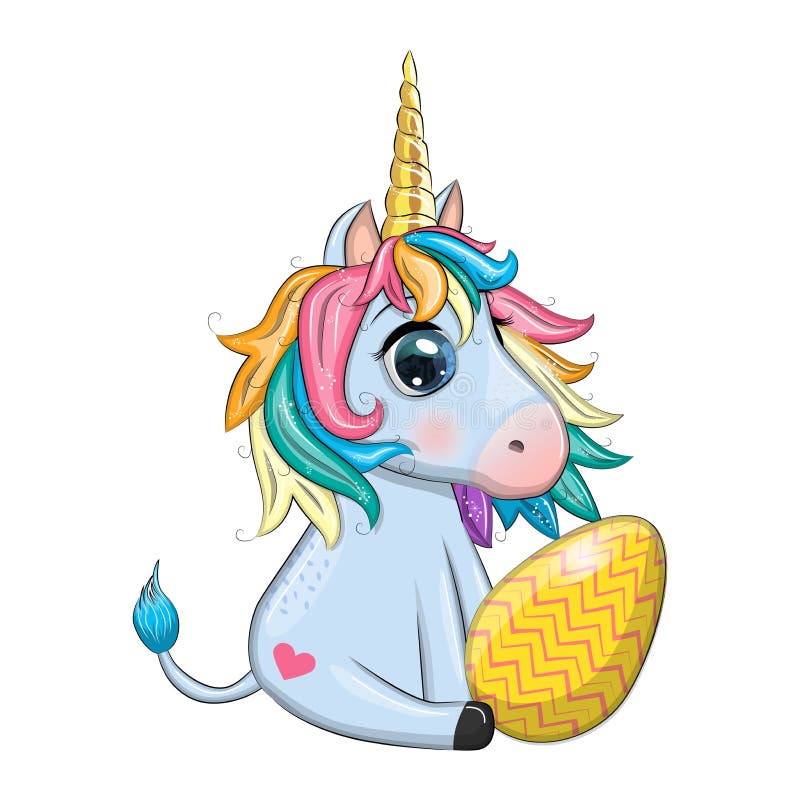 Easter Unicorn Cartoon Character with Easter Egg, Postcard. Stock