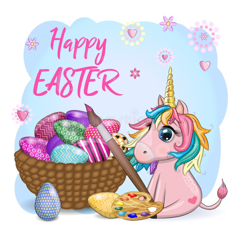 easter-unicorn-cartoon-character-with-easter-egg-postcard-stock