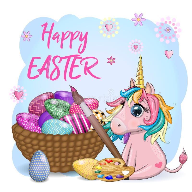 Easter Unicorn Cartoon Character with Easter Egg, Postcard. Stock