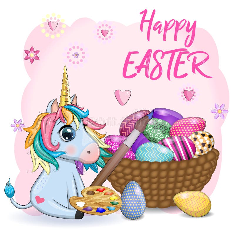 Easter Unicorn Cartoon Character with Easter Egg, Postcard. Stock