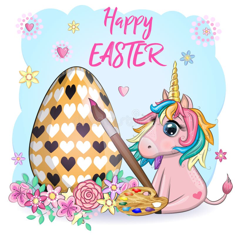 Easter Unicorn Cartoon Character with Easter Egg, Postcard. Stock