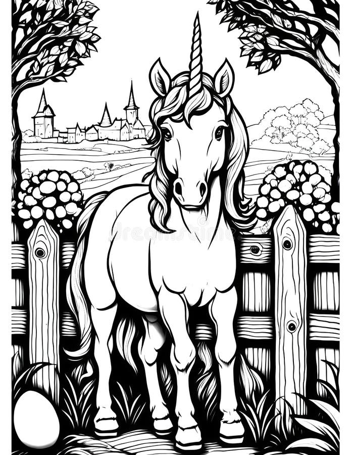 Easter Unicorn by the Wooden Fence Coloring Page Stock Illustration