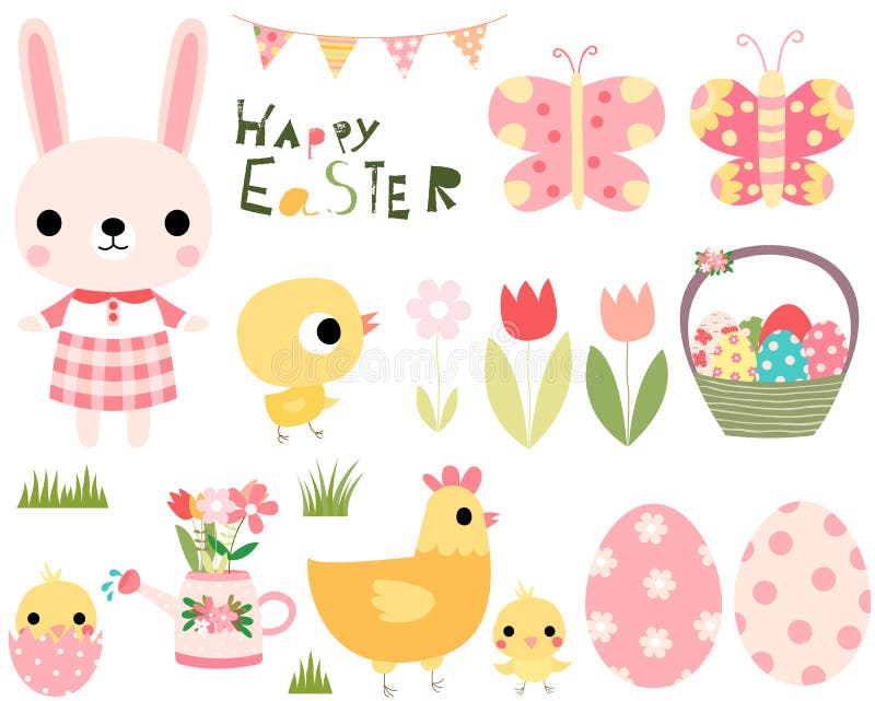 Easter vector set with cute bunny, chicks, hen