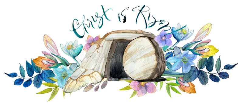 Easter watercolor illustration: the cave of Jesus Christ, a flower wreath, the inscription `Christ is risen!`