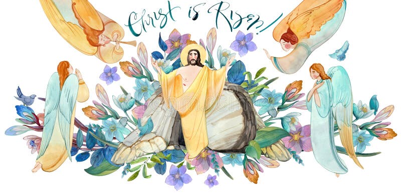 Easter Watercolor Illustration: Cave, Risen Jesus Christ Blesses ...