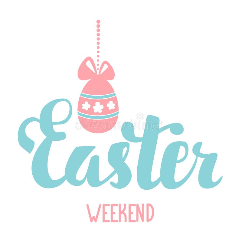 Easter Weekend. Easter Hand Lettering. Easter Egg with Bow Hanging on a String of Beads. Stock