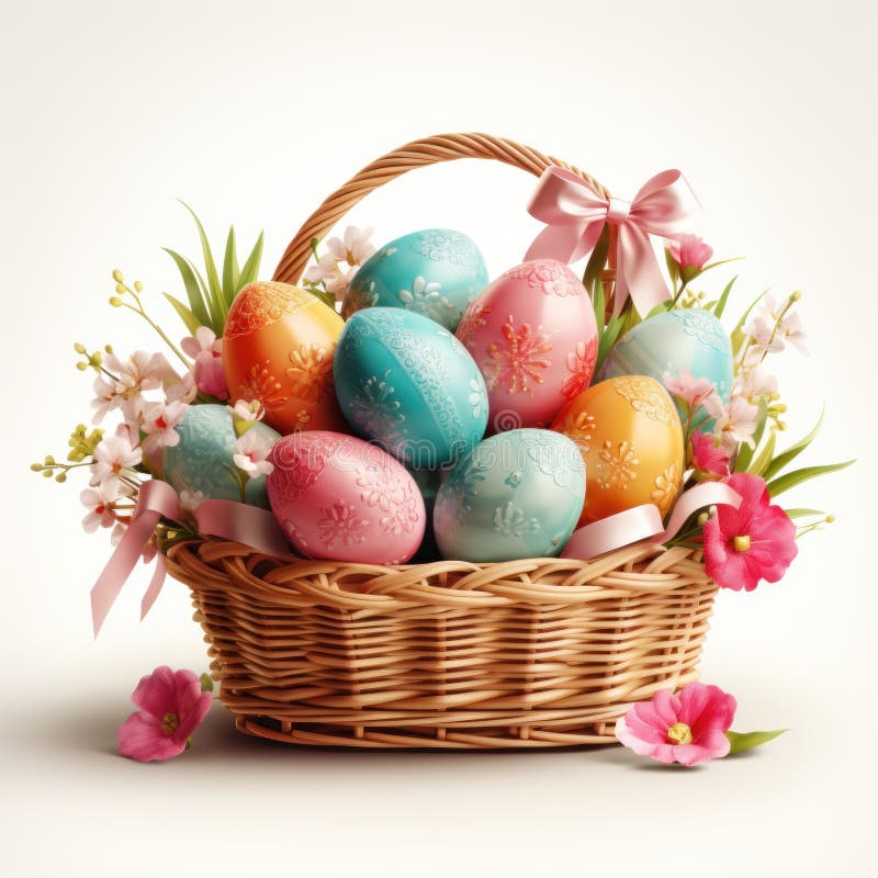 Easter Wicker Basket with Colorful Painted Eggs, Isolated, Egg Hunt