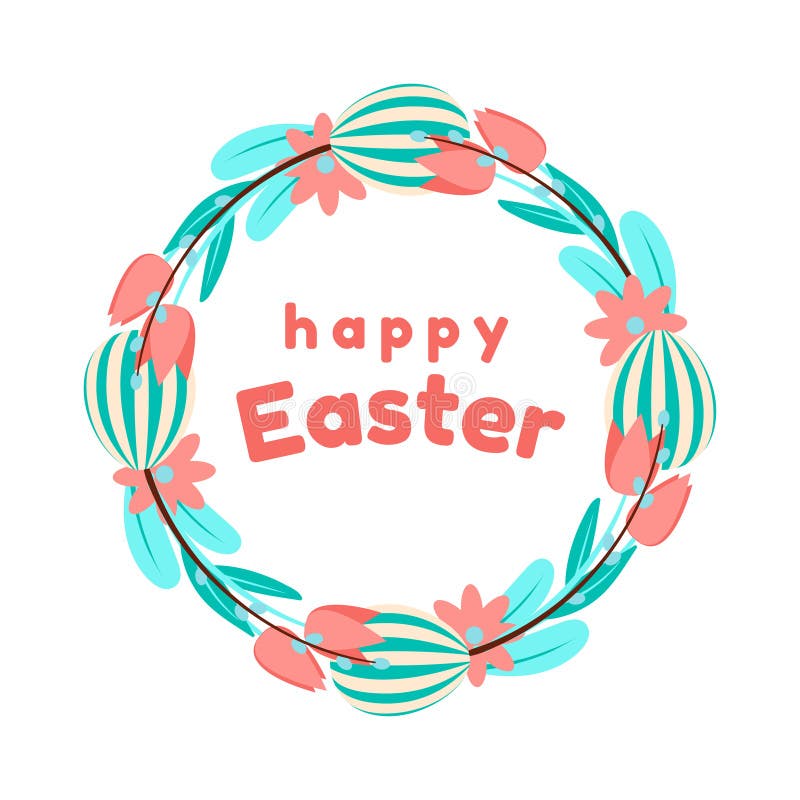 Easter wreath of painted eggs, flowers, tulips, and willow in blue and coral colours. Isolated on white background stock illustration Easter wreath of painted eggs, flowers, tulips, and willow in blue and coral colours. Isolated on white background stock illustration
