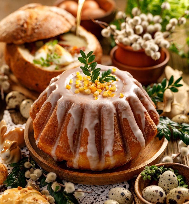 Easter yeast cake with icing and candied orange peel, delicious Easter dessert royalty free stock images Easter yeast cake with icing and candied orange peel, delicious Easter dessert royalty free stock images