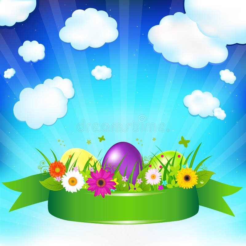 Easter Eggs With Ribbon, Flowers And Grass, Vector Illustration. Easter Eggs With Ribbon, Flowers And Grass, Vector Illustration