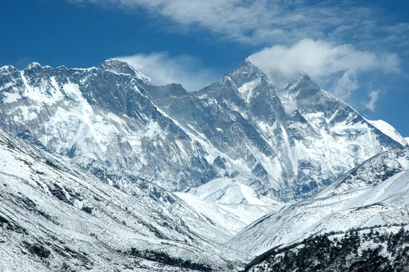 Eastern wall of Mount Everest. The view of eastern wall of Mount Everest from Tyangboche (Nepal Himalayas). There are also Nuptse and Lhotse peaks on the wall stock photos Eastern wall of Mount Everest. The view of eastern wall of Mount Everest from Tyangboche (Nepal Himalayas). There are also Nuptse and Lhotse peaks on the wall stock photos