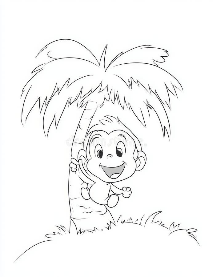 Easy Coloring Page Featuring a Cartoon Monkey Hanging from a Tree, Fits ...