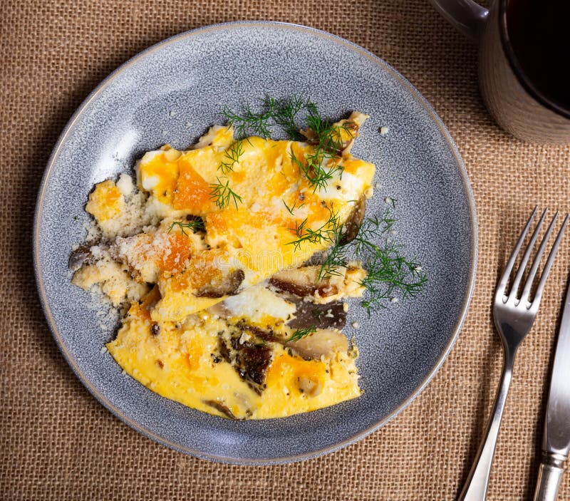Easy Vegetarian Breakfast, Scrambled Eggs with Mushrooms Closeup Stock