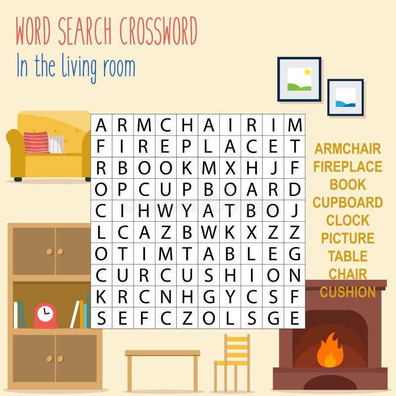 Easy Word Search Crossword Puzzle `at the Living Room` Stock Vector Easy Word Search Crossword Puzzle `at the Living Room` Stock Vector