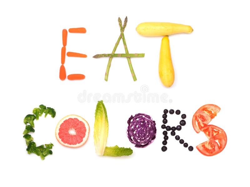 Eat colors - text spelled out in colorful plant foods