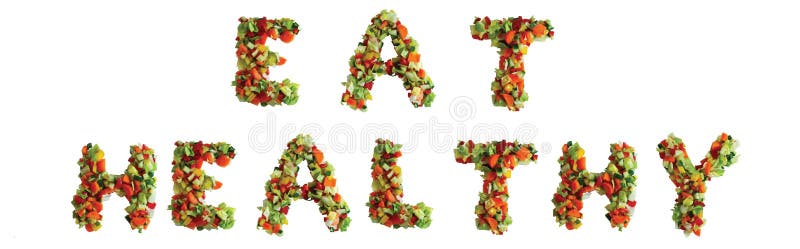 Mangiare sano, scritto con lettere di lattuga, pomodoro, carota, peperone giallo e il cetriolo.