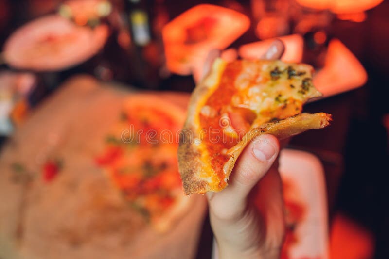 Eating Food Close Up Of People Hands Taking Slices Of Pepperoni Pizza