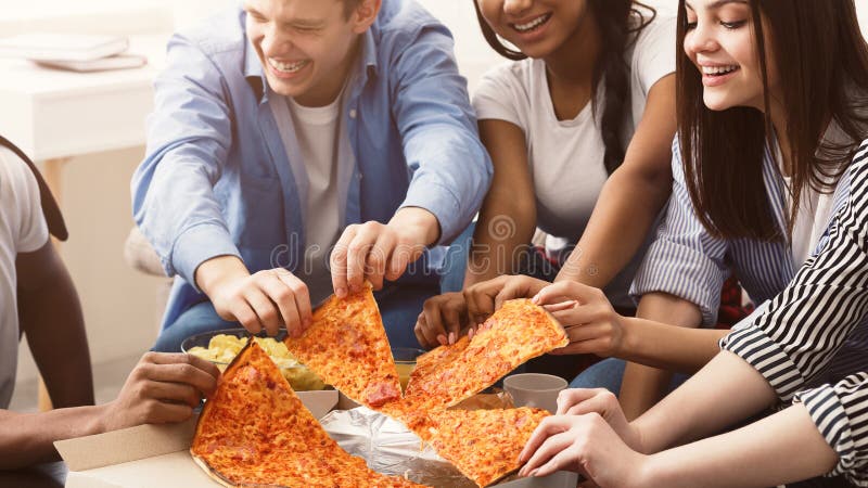 Hands Colleague Friends Eating Pizza After Stock Photo 1341119738