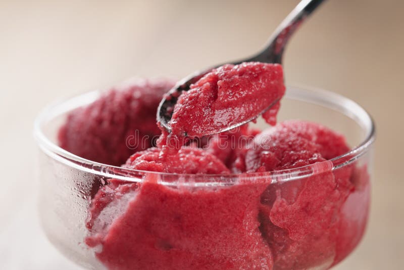 Eating Raspberry Sorbet Ice Cream with Spoon Closeup Stock Photo