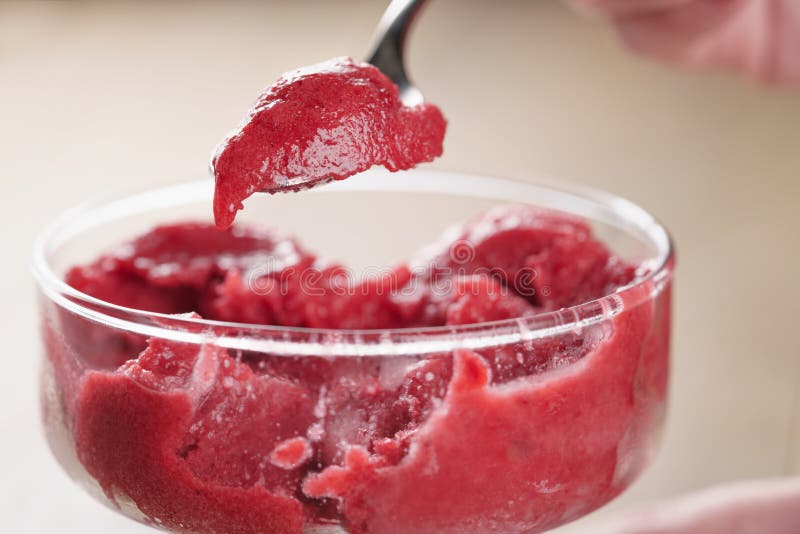 Eating Raspberry Sorbet Ice Cream with Spoon Closeup Stock Image