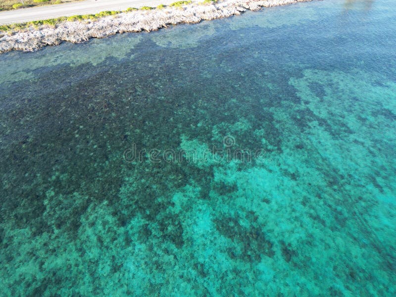 Eau bleue caraïbes mer vert océan vert vert avec plage de la côte rocheuse images libres de droits