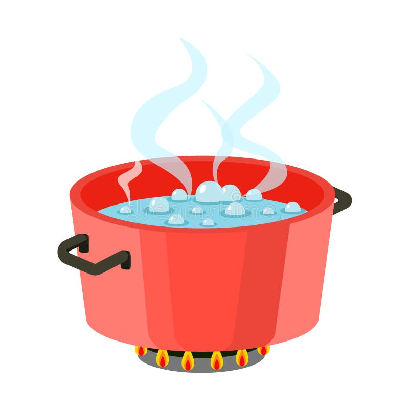 Eau bouillante dans le pot à cuire rouge de casserole sur le fourneau avec le vecteur plat de conception de l'eau et de vapeur