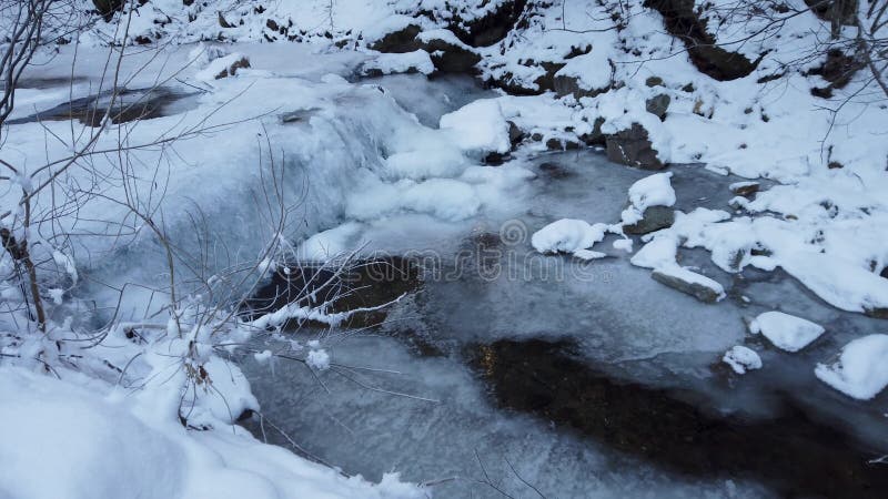 Eau coulant sous la glace dans la forêt de montagne pendant un froid extrême en hiver clips vidéos