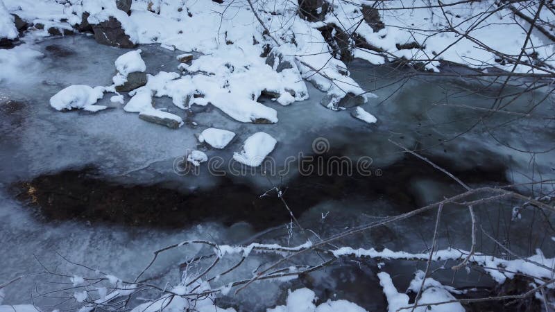Eau coulant sous la glace dans la forêt de montagne pendant un froid extrême en hiver banque de vidéos