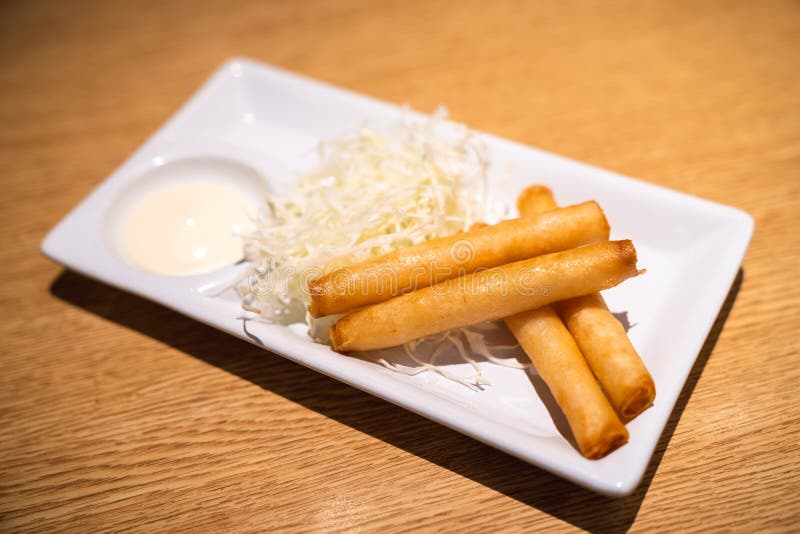 Ebi Roll Raw Shrimp Spring Roll Placed on White Dish Stock Image
