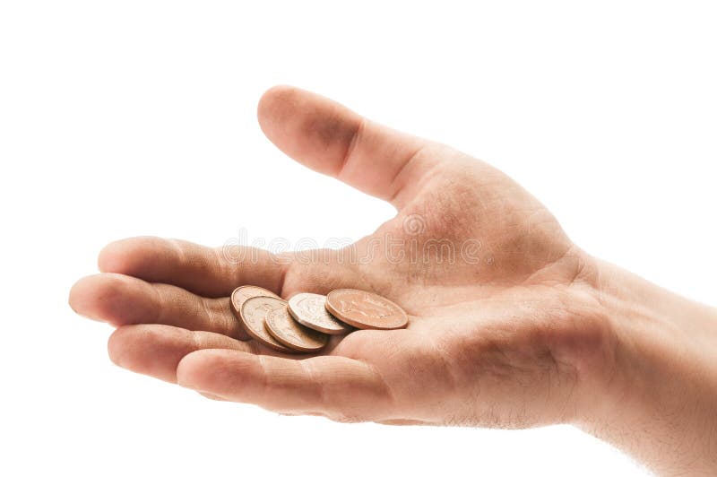 Dirty beggar hand with england coins on white background. Dirty beggar hand with england coins on white background