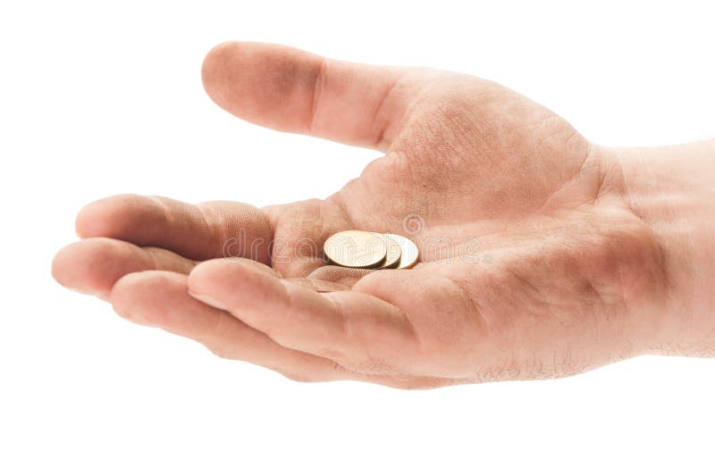 Dirty beggar hand with some coins. Begging concept on white background. Dirty beggar hand with some coins. Begging concept on white background