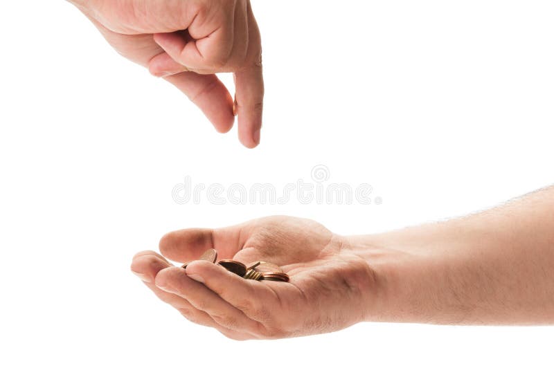 Dirty beggar hand receiving coins from another person. Dirty beggar hand receiving coins from another person