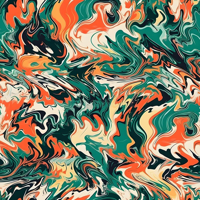 Ebru Paintinfg Texture Seamless Pattern. Green, White, Black, Orange