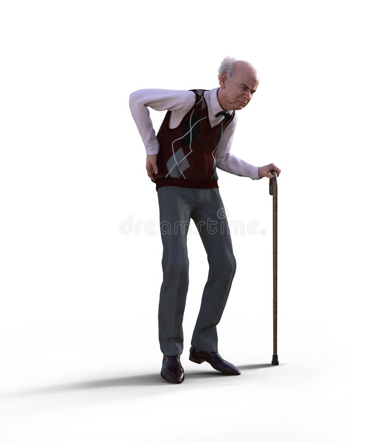 Eccentric Senior Man with a Walking Cane Suffering from Back Pain Stock
