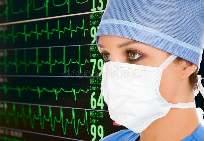 Female doctor with ecg monitor on background. Female doctor with ecg monitor on background