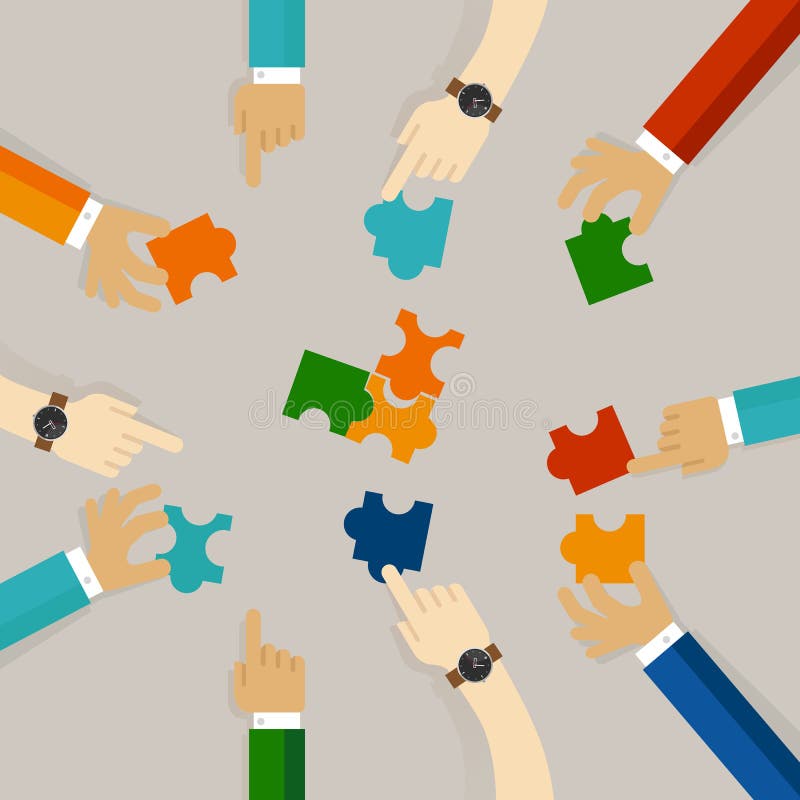 Echipa de lucru mână care deține piese de puzzle puzzle încearcă să rezolve problema împreună. conceptul de sinergie în plan royalty free illustration