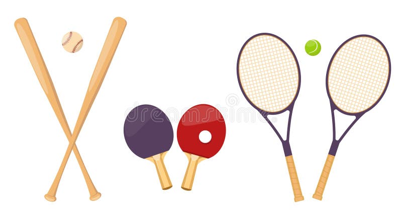 Echipament sportiv pentru joc. Rachetă de tenis încrucișat. Bâtă de baseball și softball. . . vector illustration
