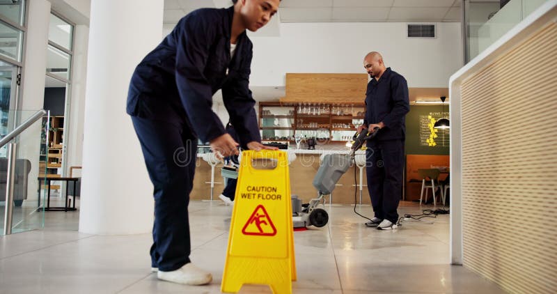 Echipă de îngrijitori și birou cu serviciu de igienă a semnelor de precauție și podea umedă pentru dezinfectare. Atenție și sigura stock video