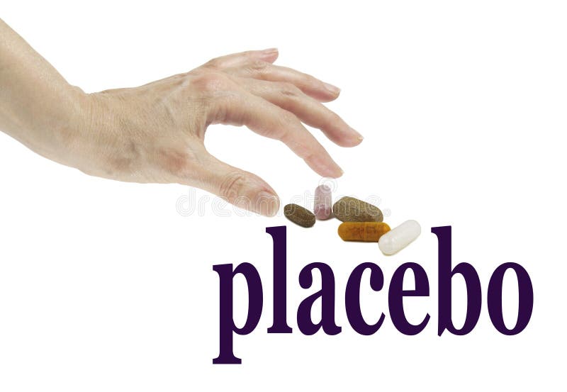 Female hand reaching out to take a tablet from a group of different pills, which are positioned over the word PLACEBO, isolated on a white background. Female hand reaching out to take a tablet from a group of different pills, which are positioned over the word PLACEBO, isolated on a white background