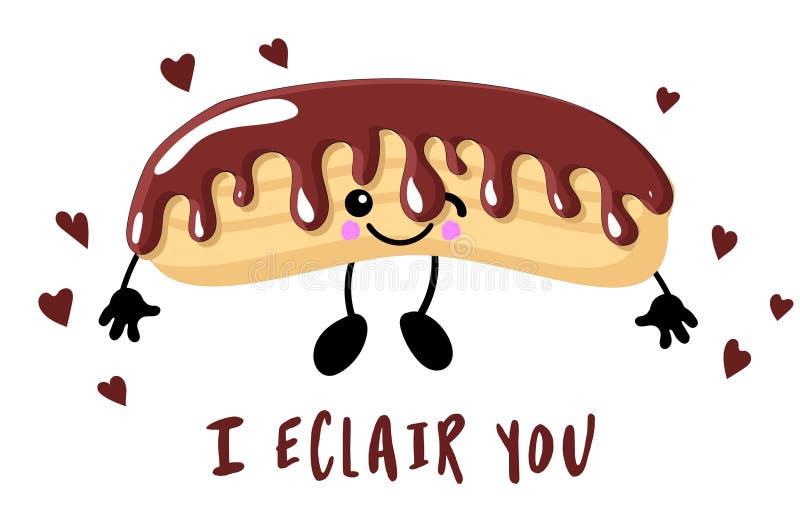 Eclair brewing cake. Sweet eclair with chocolate glaze and custard cream. Tasty dessert. Bread baked food. Bakery shop, pastry. stock illustration Eclair brewing cake. Sweet eclair with chocolate glaze and custard cream. Tasty dessert. Bread baked food. Bakery shop, pastry. stock illustration
