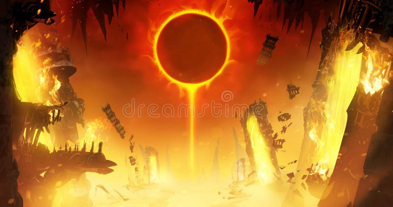 An eclipse of the yellow sun in a hot sky in the middle of the crazy ruins of hell, where fragments of Gothic-style buildings and