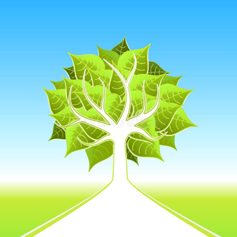 Vector illustration of a stylized ecological tree with big leafs and white path leading on the horizon. Vector illustration of a stylized ecological tree with big leafs and white path leading on the horizon.