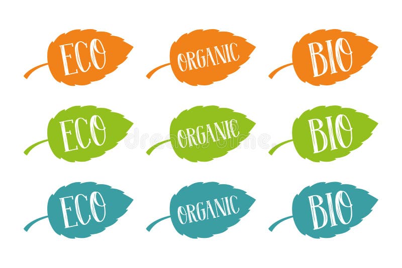 Eco-, Bio- und organischervektor eingestellt für Netz und Druck Handgezogene Typografie auf bunten Blättern stock abbildung Eco-, Bio- und organischervektor eingestellt für Netz und Druck Handgezogene Typografie auf bunten Blättern stock abbildung