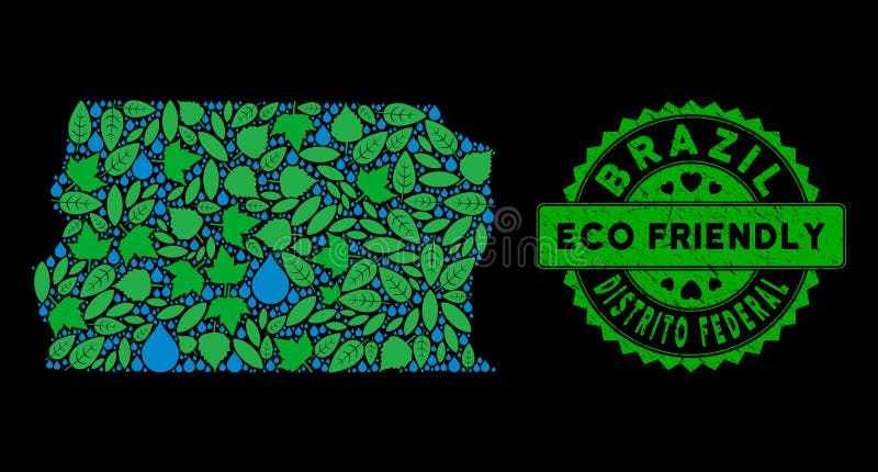 Vector Eco Green Mosaic Brazil Distrito Federal Map and ECO FRIENDLY Grungy Seal