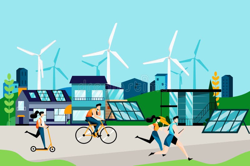 Eco city and eco living concept. Using of green energy, solar panels, wind turbines. Vector flat cartoon illustration stock illustration Eco city and eco living concept. Using of green energy, solar panels, wind turbines. Vector flat cartoon illustration stock illustration